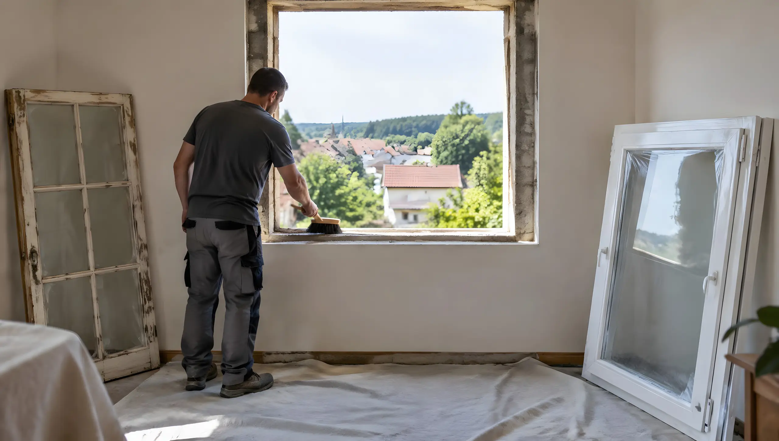 Poseur dans l’ouverture vide d’une fenêtre, l’ancienne fenêtre bois et la neuve posées contre les murs