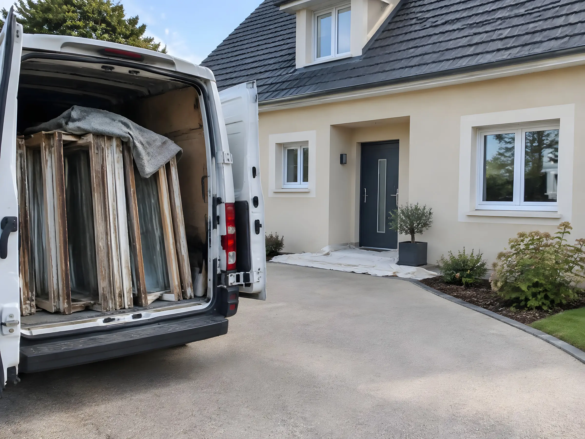 Arrière ouvert d’un utilitaire rempli d’anciennes fenêtres en bois devant une maison
