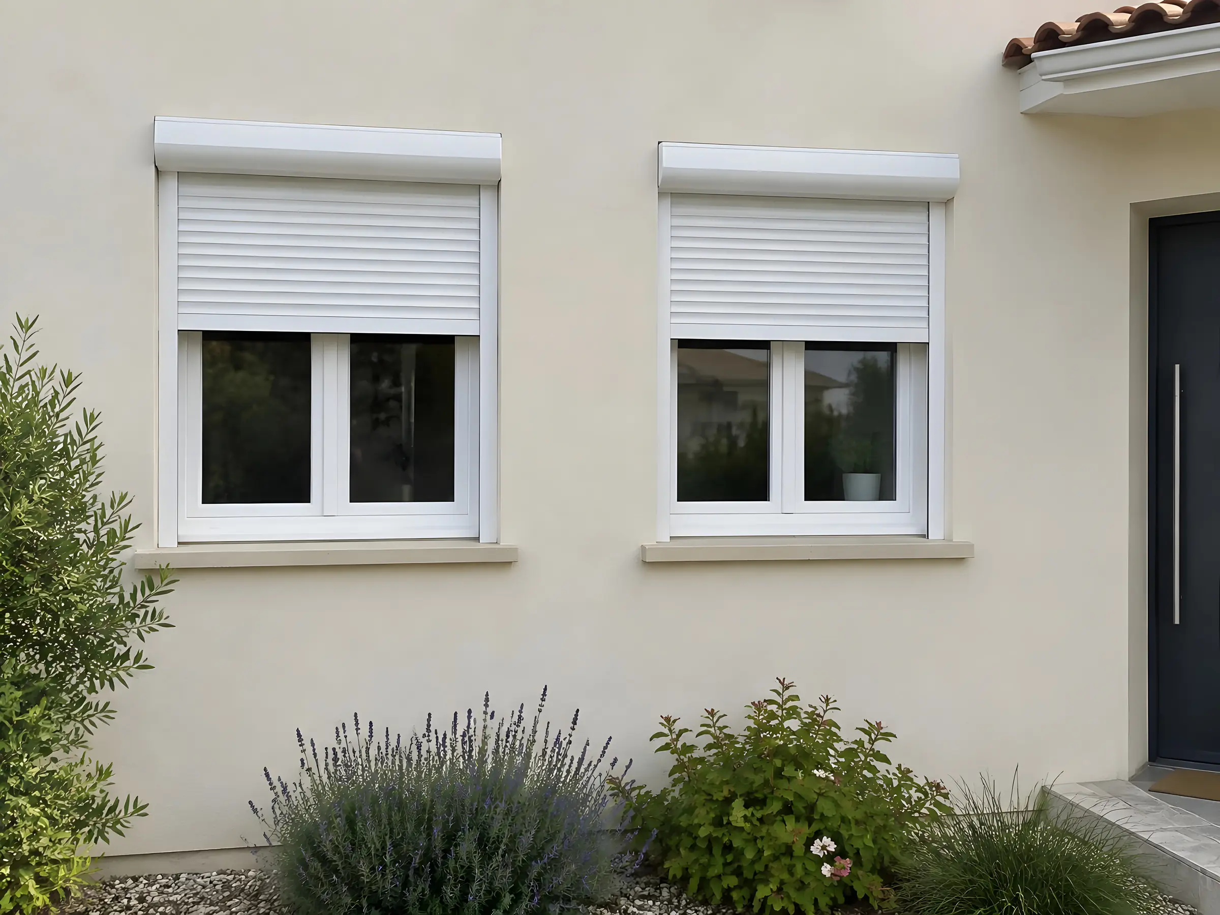 Façade de maison avec deux fenêtres blanches à volets roulants et une porte anthracite