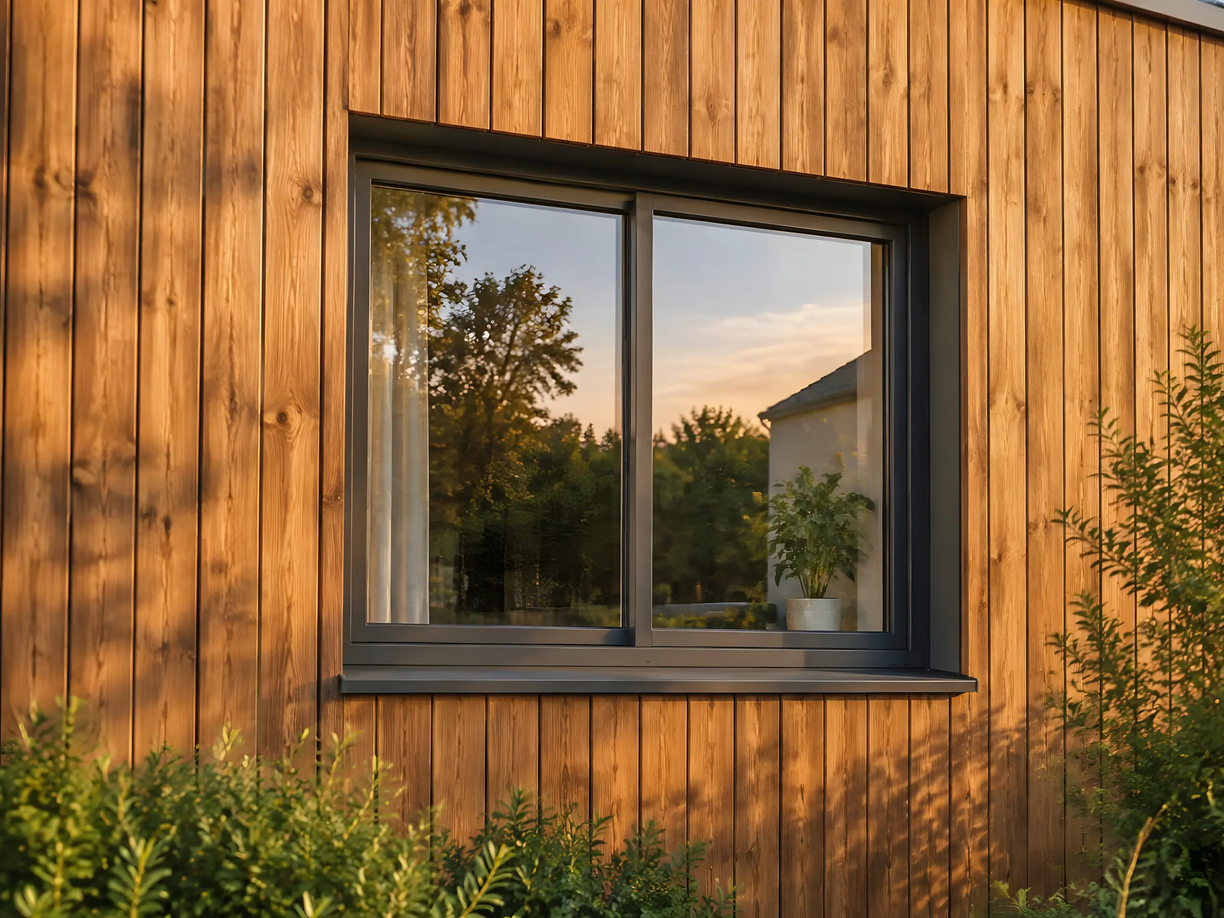 Fenêtre aluminium anthracite encadrée de lames de bois verticales