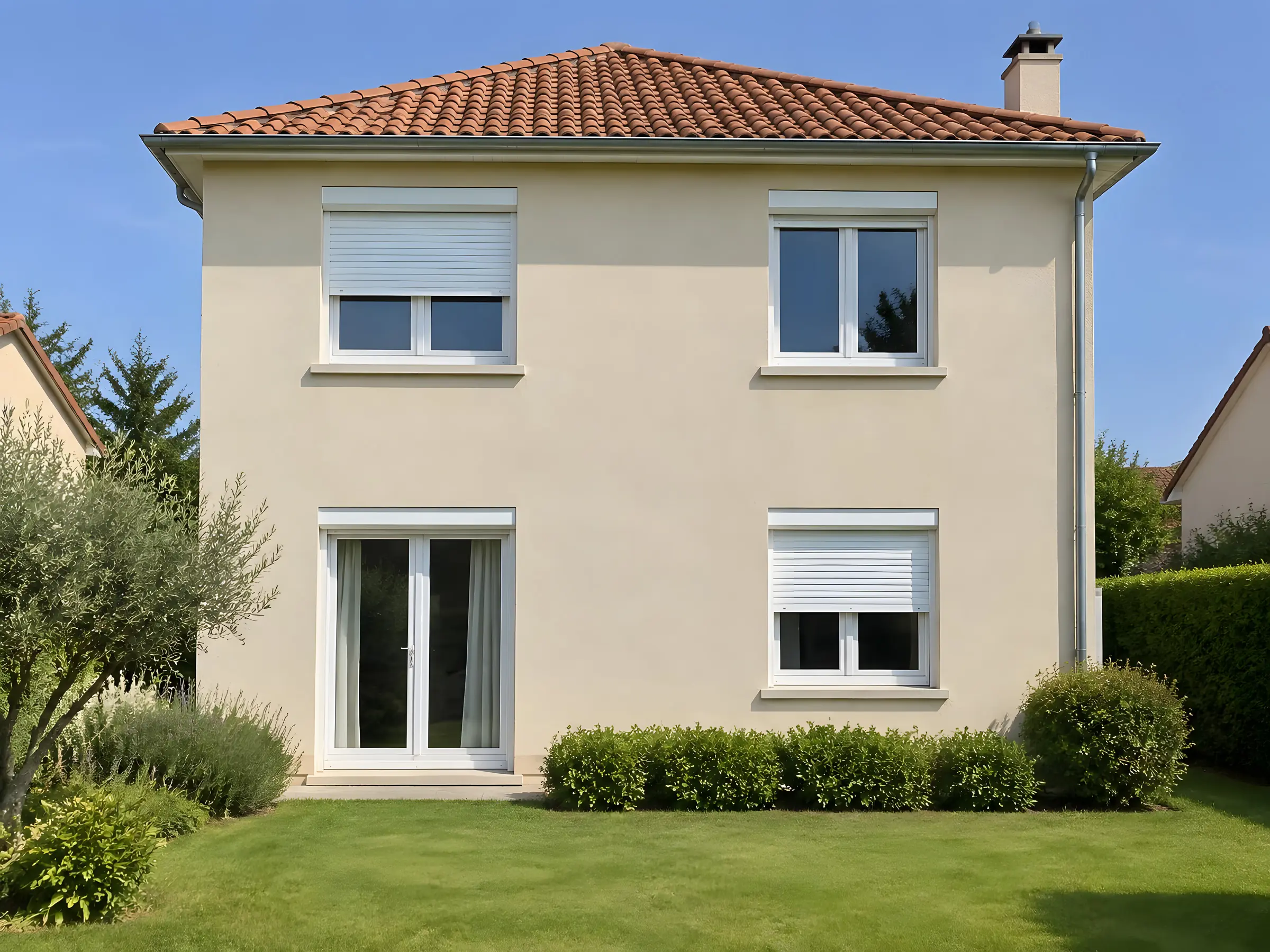 Pavillon à étage enduit beige avec fenêtres blanches et volets roulants, pelouse devant