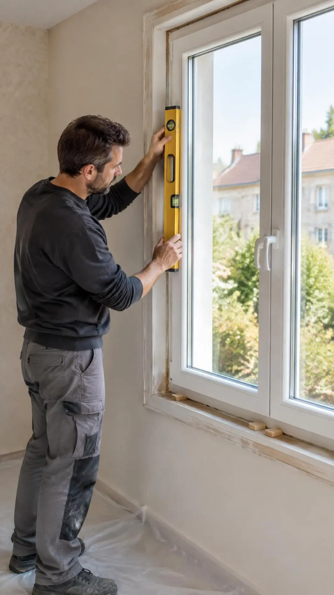 Poseur tenant un niveau contre le cadre d’une fenêtre blanche neuve